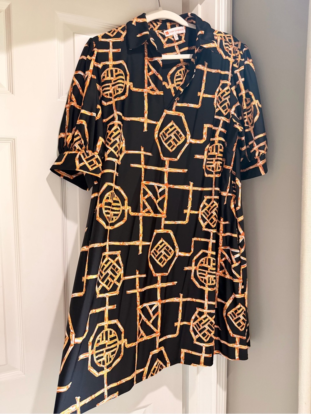 Jude Connally Black Dress with Gold Geometric Print